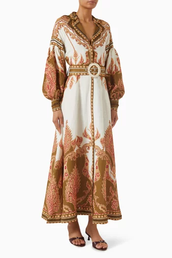 فستان فلوريستا بحزام مزيج كتان