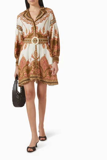 فستان فلوريستا قصير بحزام مزيج كتان