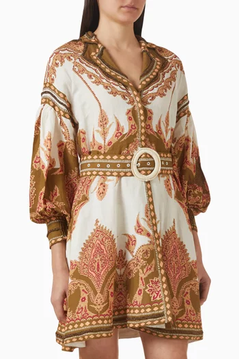 فستان فلوريستا قصير بحزام مزيج كتان