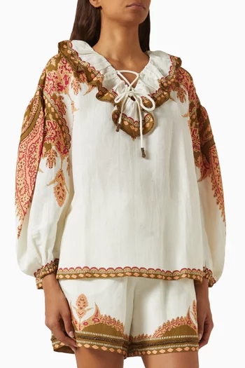 بلوزة سابرينا بأربطة مزيج كتان