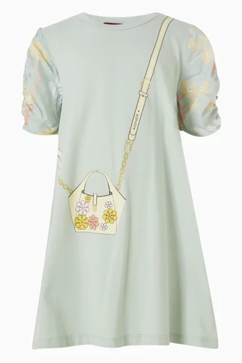 فستان بنقشة زهور وطبعة حقيبة كروس 