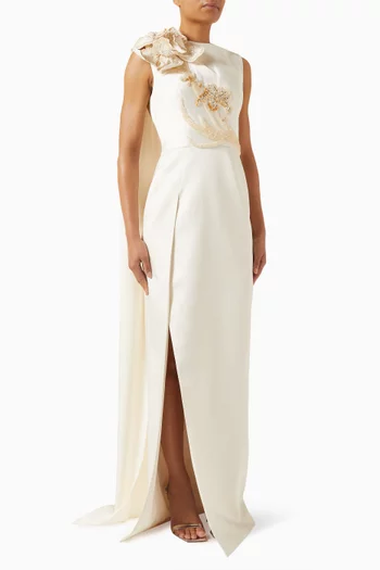 Floral-appliqué Slit Gown in Taffeta Mikado