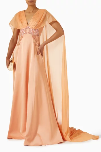 Bead-embellished Cape Gown in Satin