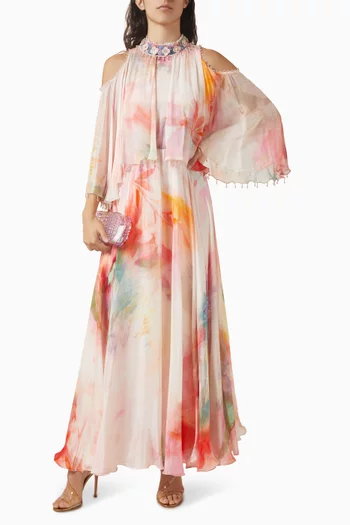 Embellished Cape Dress in Chiffon