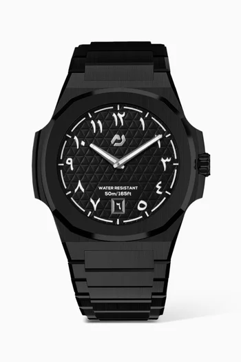 MT Black Ar - PVD Black 316L Stainless Steel 40.5mm Case, Sapphire Crystal with AR coat, Steel Bracelet, WR100M, Swiss Ronda 714, Swiss Luminous Hands, Extra Black Rubber Strap, Black Dial, Arabic:BLACK:One Size|219246066