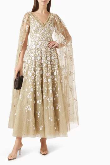 Ethereal Blooms Cape-sleeve Ankle Gown