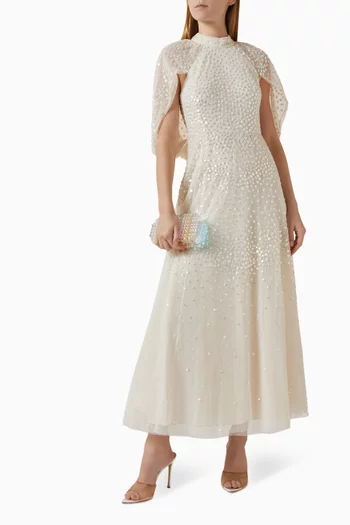 فستان سكالوب مطرز بالترتر وكاب بطول الكاحل