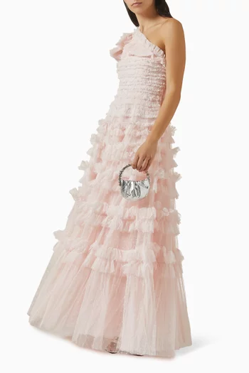 فستان ليزيت بفتحة رقبة بكتف مكشوف وكشكش