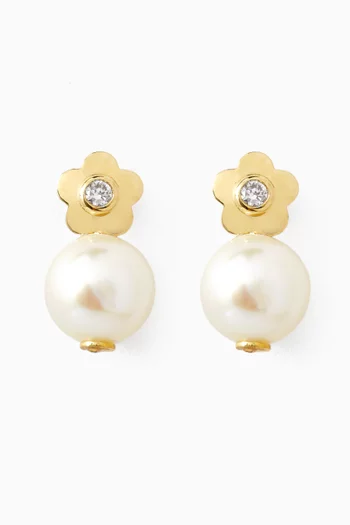 Flower Diamond & Pearl Drop Earrings