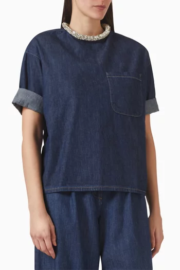 تي شيرت اكس تي بياقة مطرزة بالكريستال دينم ياباني