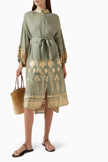 Embroidered Belted Midi Dress