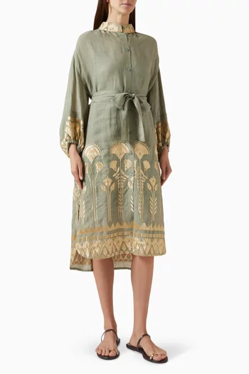 Embroidered Belted Midi Dress