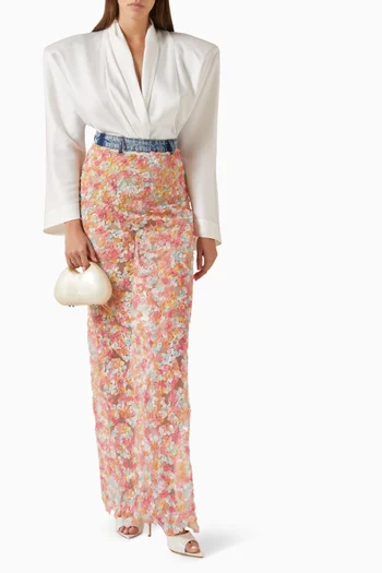 Floral Embroidered Maxi Skirt in Denim