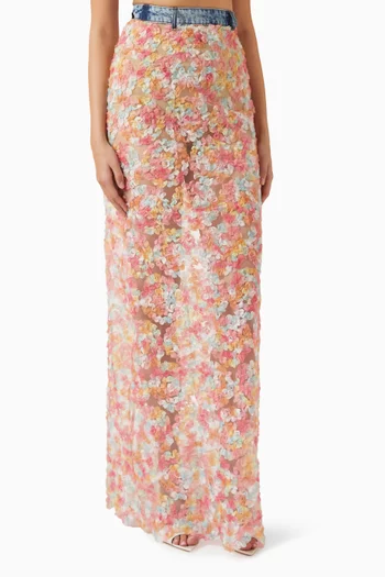 Floral Embroidered Maxi Skirt in Denim