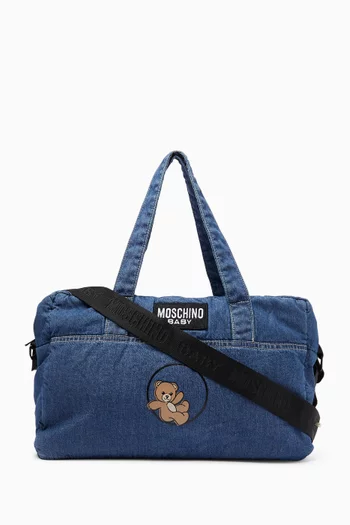 حقيبة مستلزمات الأطفال مزينة بدب مع مفرش دينم