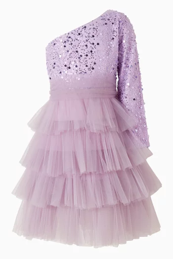 One-shoulder Embellished Ruffle Dress