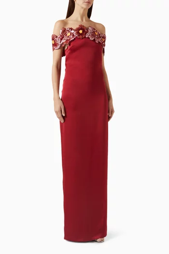 Off-shoulder Flower Sequin Maxi Dress