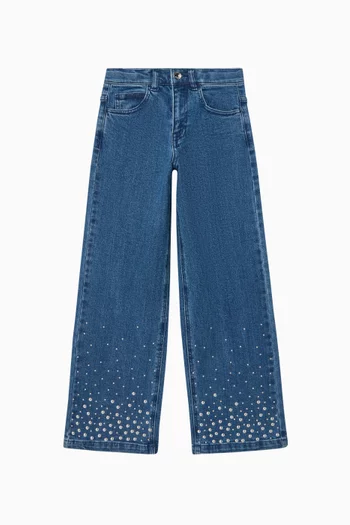 بنطال جينز بقصة ساق مستقيمة وتطريزات بالحلي دينم