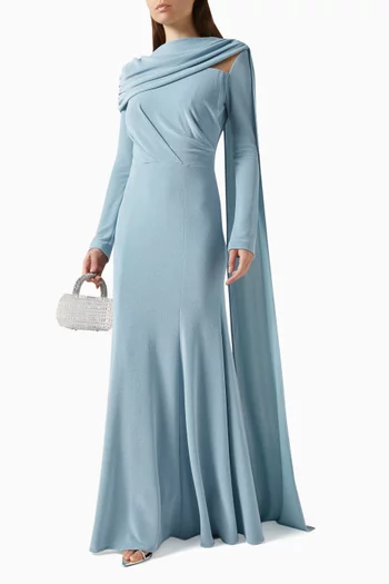 Fitted Fishtail Evening Gown With Asymmetric Neckline, Draped Across The Shoulder And Bust With Cut-Out Detail, Railing Sash And Long Sleeves.:Light/Pastel Blue:8|219309272