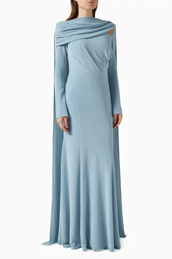 Fitted Fishtail Evening Gown With Asymmetric Neckline, Draped Across The Shoulder And Bust With Cut-Out Detail, Railing Sash And Long Sleeves.:Light/Pastel Blue:8|219309272