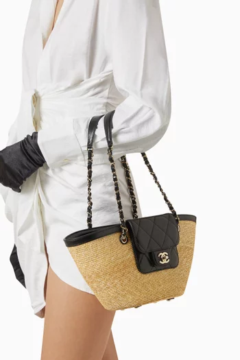 حقيبة يد صغيرة خوص مجدول وجلد ماعز غير مستعملة