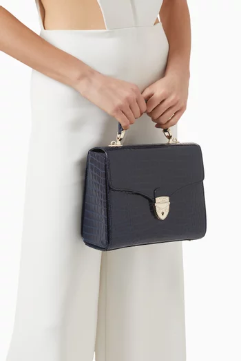 حقيبة ماي فير كبيرة بيد علوية جلد لامع بنقشة جلد التمساح