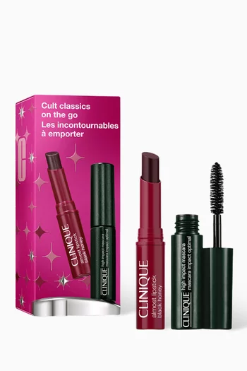 مجموعة مستحضرات كلاسيكية للاستخدام أثناء التنقل: ماسكارا هاي امباكت + أحمر شفاه بلاك هني بحجم صغير