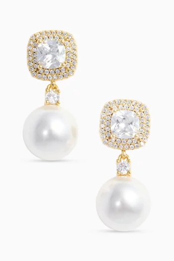 Crystal Pearl Drop Earrings in Brass