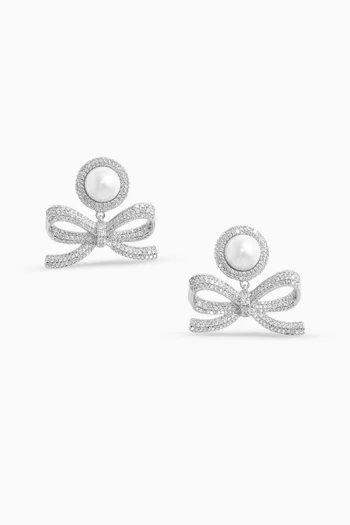 Crystal Bow Drop Earrings in Brass