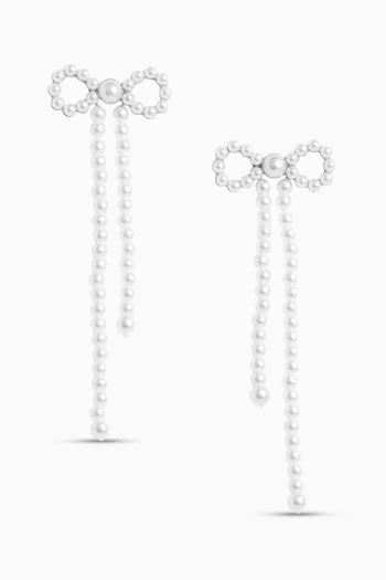 Pearl Bow Dangle Earrings in Brass