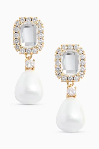 Crystal Pearl Drop Earrings in Brass