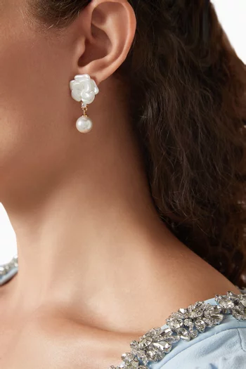 Pearl Flower Drop Earrings in Brass