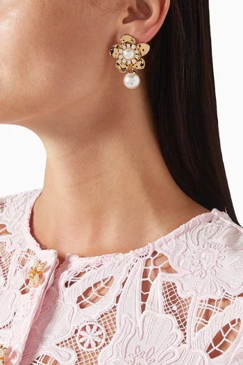 Flower Pearl Drop Earrings in Brass
