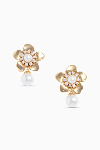 Flower Pearl Drop Earrings in Brass