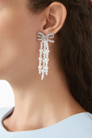 Bow Pearl Waterfall Earrings in Brass