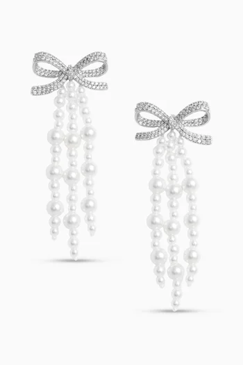 Bow Pearl Waterfall Earrings in Brass