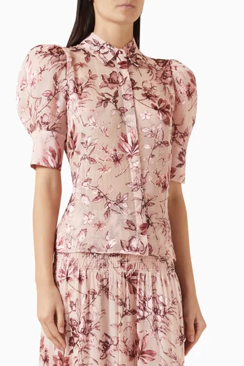 بلوزة ويلا بأكمام منفوخة بكشكش ستان حريري