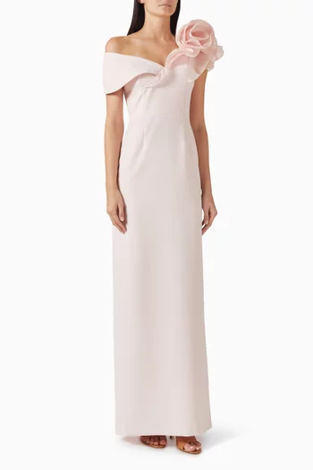 Asymmetrical Off-shoulder Maxi Dress in Crepe