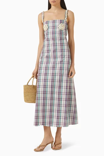 فستان امايا بنقشة مربعات وتطريزات بالصدف كتان