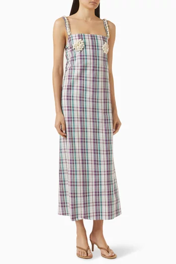 فستان امايا بنقشة مربعات وتطريزات بالصدف كتان