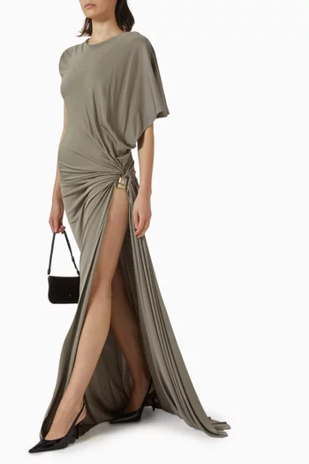 فستان بلا أكمام مزين بدرابيه وحلية مرصعة بالكوارتز جيرسيه