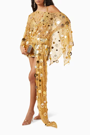 فستان قصير منسوج بأكتاف مكشوفة وتطريزات