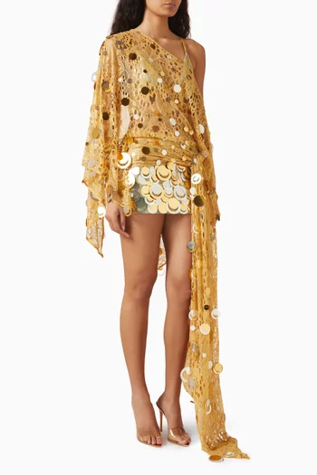 فستان قصير منسوج بأكتاف مكشوفة وتطريزات