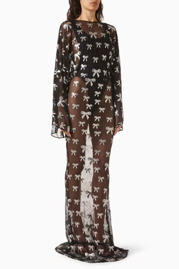 Reverse Obie Bow Embellished Gown in Mesh