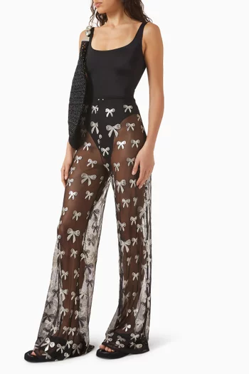 Bias Bow Embellished Pants in Mesh