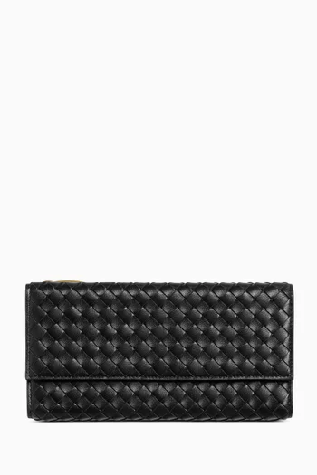 Piccolo Long Wallet with Flap in Intrecciato Leather