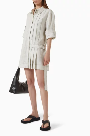 Belted Pleated Mini Dress in Linen