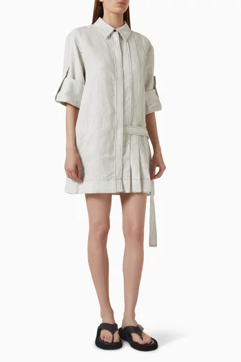 Belted Pleated Mini Dress in Linen