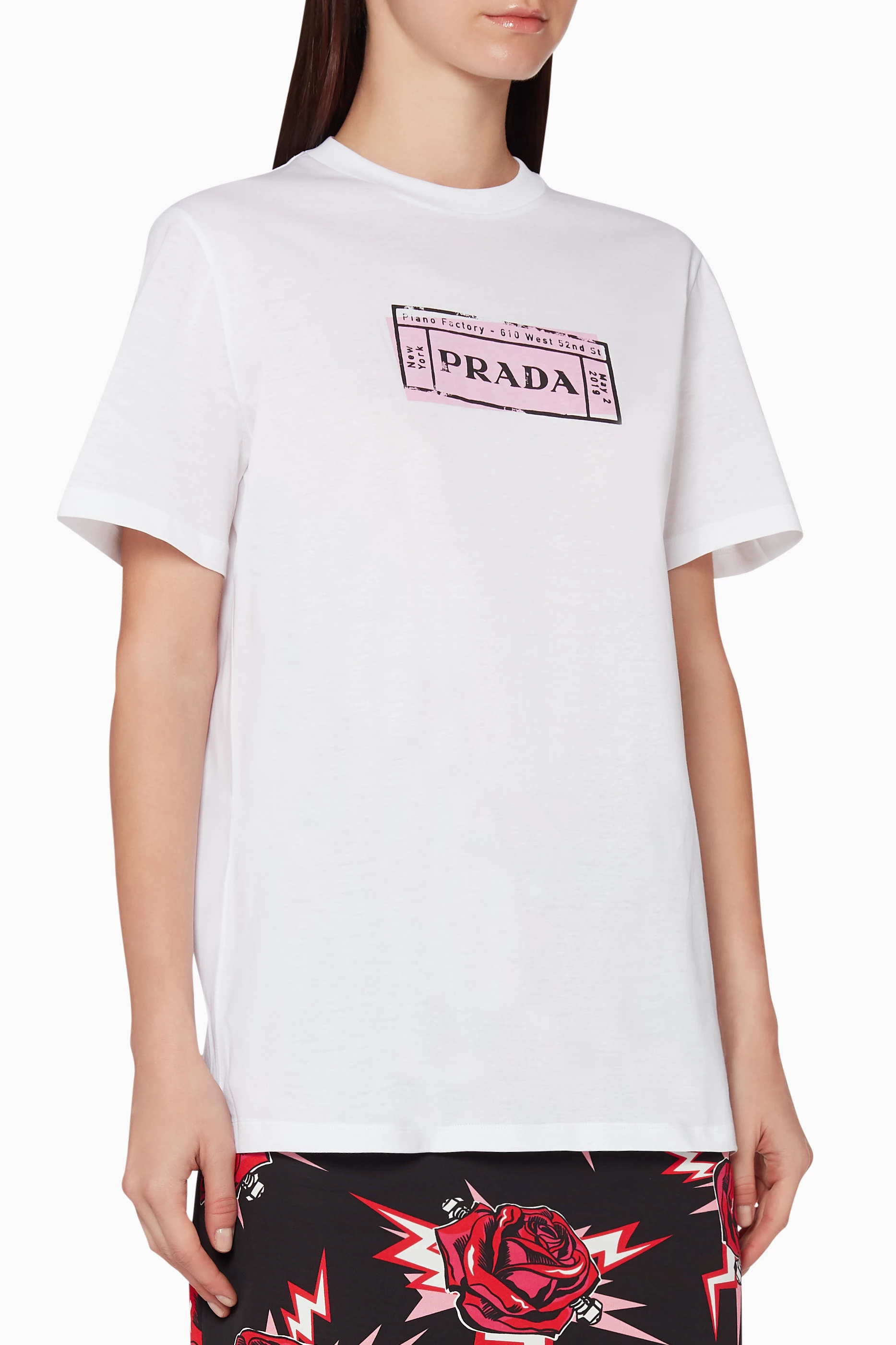 Shop Prada White Logo Print Cotton T-Shirt for WOMEN | Ounass Qatar