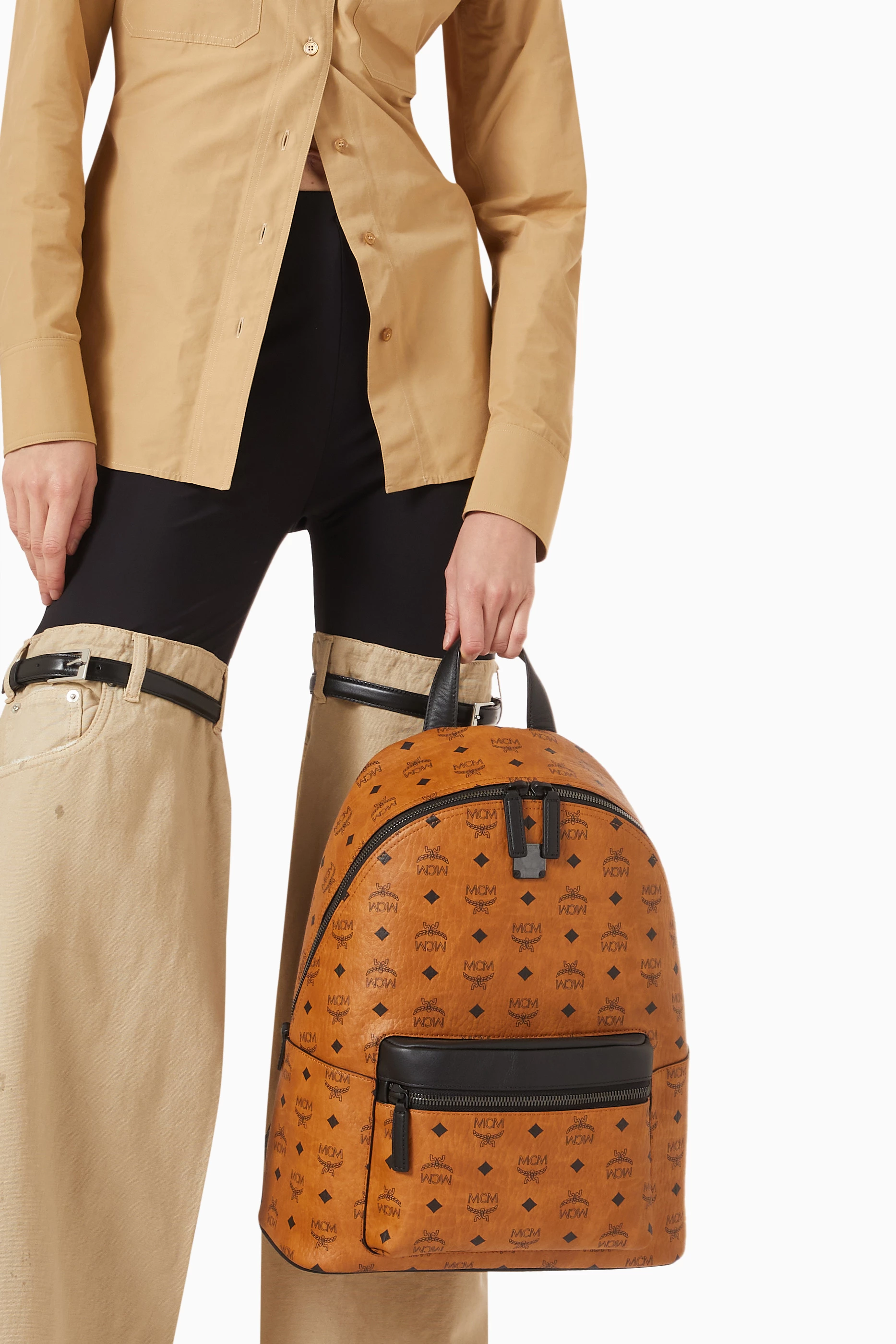 MCM Stark Backpack in Visetos Cognac & Black Nappa Leather 33 cm
